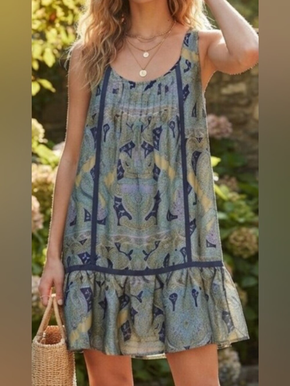 Anthropology Sleeveless Paisley Tiered Sundress in Blue-Green